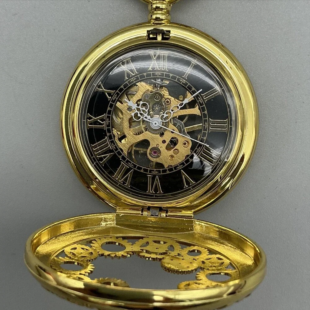 Steampunk Gear Pocket Watch Men 47mm Gold Tone Skeleton Half Hunter Manual